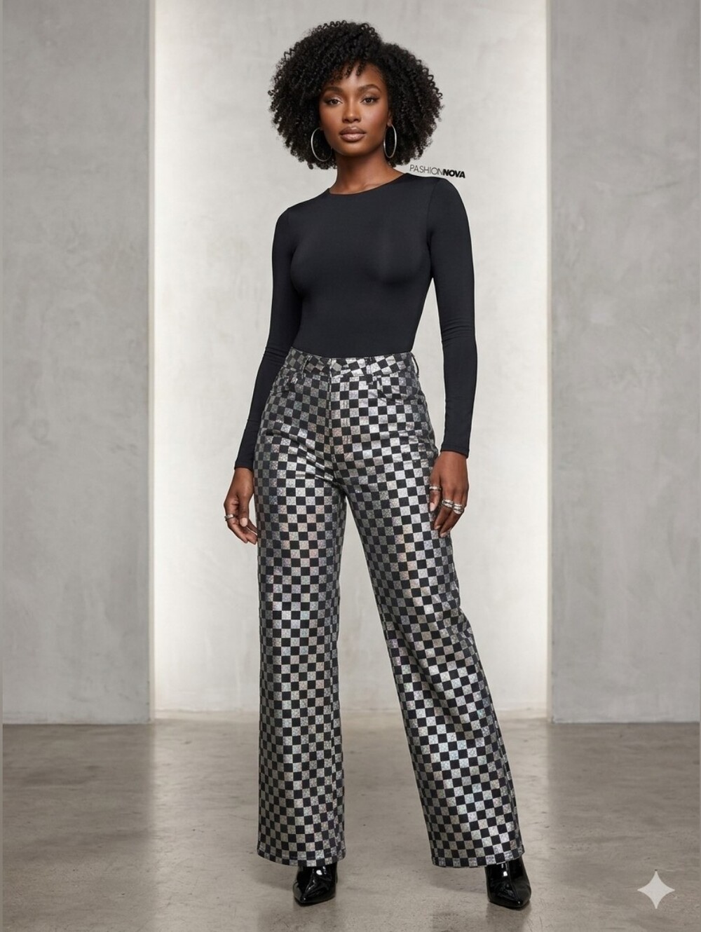 Fashion Nova Silver Sequin & Black Denim Checkerboard Wide-Leg Jeans. Sz. 9 NWT.